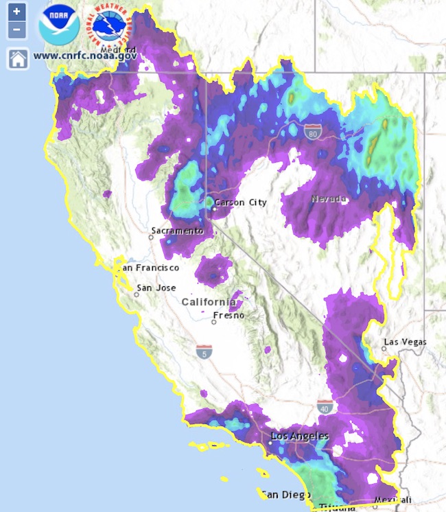 The precipitation total (inches) for the states of California and Nevada from 10/1/2021-10/8/2021. Precipitation is shown from <0.5 inches (purple/blue) to >2. (orange). Southern Coastal CA shows precipitation of about 1 inch, northern eastern CA near Truckee received about an inch. 