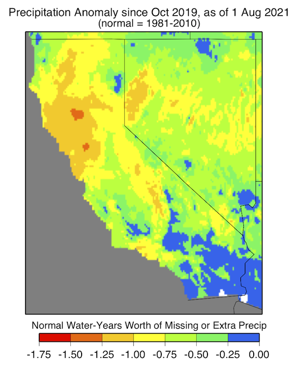 A map of California and Nevada showing the missing or excess number of years of precipitation as of August 1, 2021 based on normal (1981-2010 average) water year precipitation. Much of California and Nevada are missing more than 0.5 years of precipitation. Northern California and Washoe County are missing over a year’s worth of precipitation.