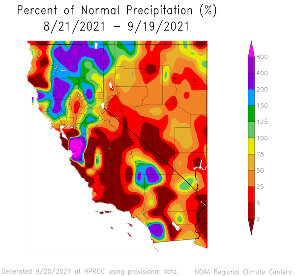 Percent of normal precipitation for California and Nevada over the past 30 days, through September 19, 2021. Over the past 30 days, primarily parts of N. CA have received beneficial rains. 