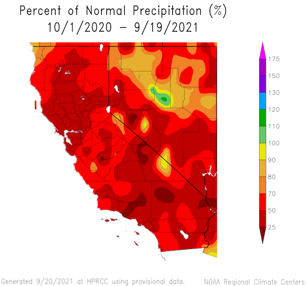 Percent of normal precipitation for California and Nevada for the Water Year to date, from October 1, 2020 to September 19, 2021. CA-NV has been extremely below normal precipitation since the start of the water year.