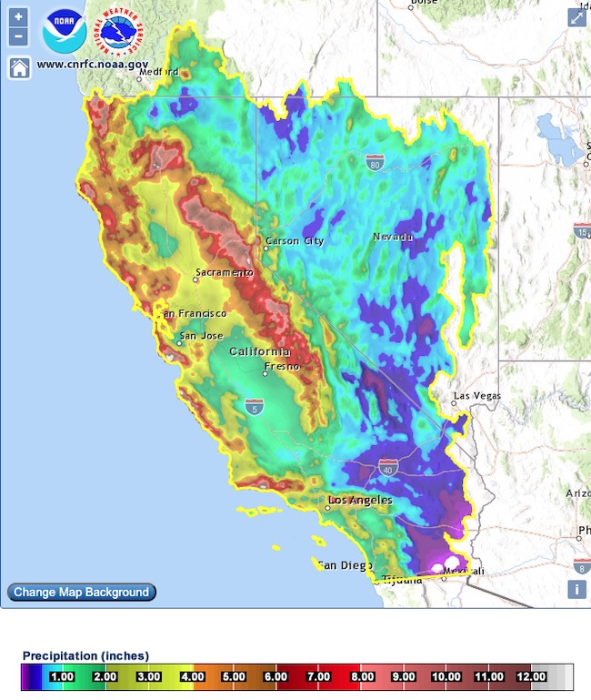 The images show total precipitation (inches) for the states of California and Nevada from 9-16 December 2021. Precipitation is shown from <1 inches (purple/blue) to >12 (gray).