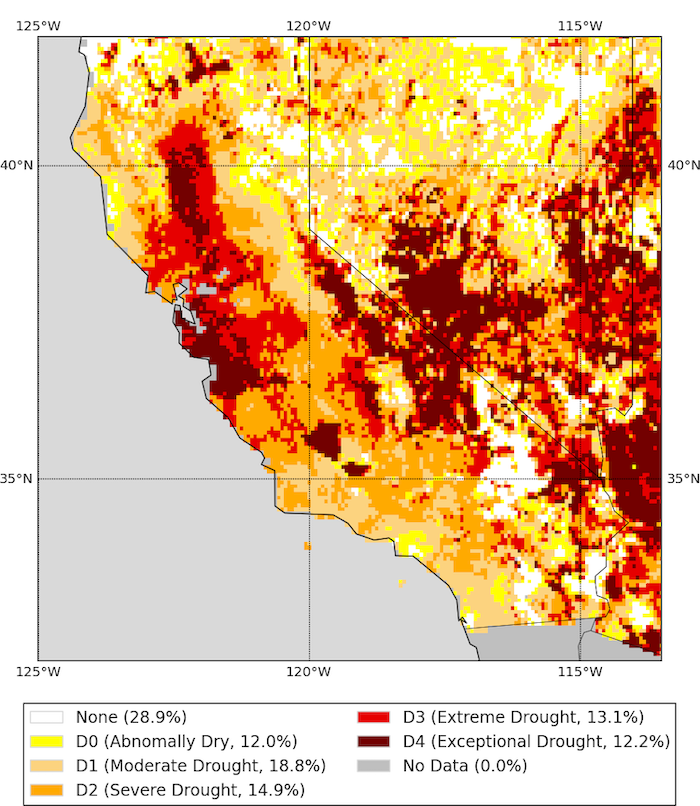 A map of California-Nevada shows soil moisture drought intensity from 1/19/2021. Exceptional Drought (D4, 12.2%) is present over the CA central coast, the CA-NV border near the Southern Sierra, and across S. NV. D0-D2 is present over much of the remaining area. 