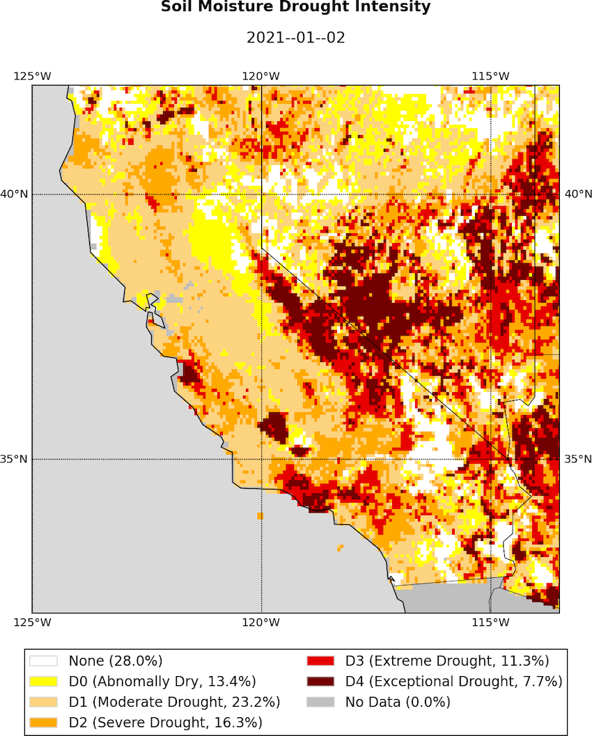 California-Nevada Map Showing Soil Moisture Intensity from the UCLA Drought Monitor. Valid December 19, 2020.