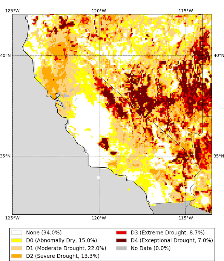 A map of California-Nevada shows soil moisture drought intensity from 2/2/2021. Values range from None (30%) (white), D0 (11.7%) (yellow), D1 (19.7%) (tan), D2 (15.9%) (orange), D3 (12.1%) (red), to D4 (10.7%) (dark red). D3-D4 is present predominantly over parts of the Sierra and southern NV and near the CA-AZ and CA-OR borders. D0-D2 is present over much of the remaining area with the exception of central CA.  