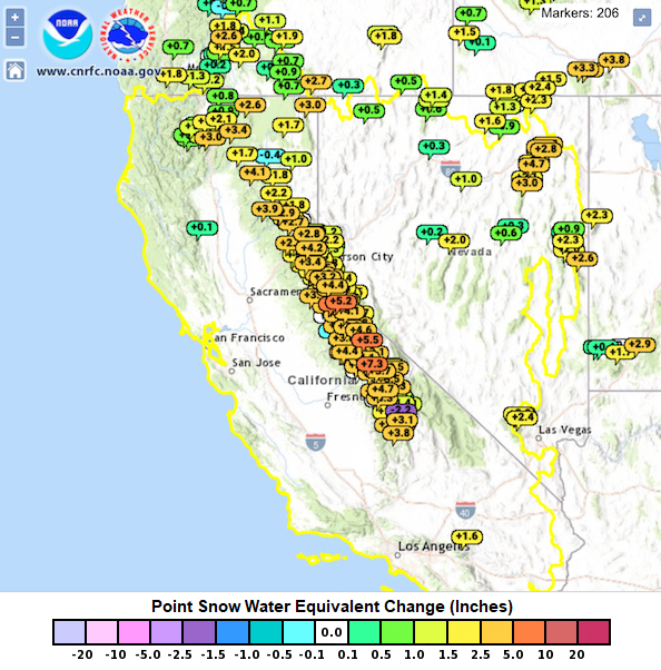 From November 7 to 9, many stations across California and Nevada saw an increase in snow water equivalent.