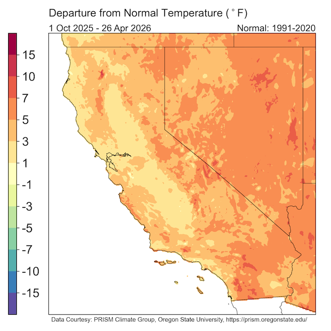 The figure shows a map of the departure from normal temperature for October 1, 2025–April 26, 2026 (water year to date), compared to historical conditions (1991–2020). Water year to date temperature is running at least 3–5°F above normal in much of interior California and 5–7°F above normal in much of Nevada. Warm temperature anomalies are especially pronounced over the higher terrain.