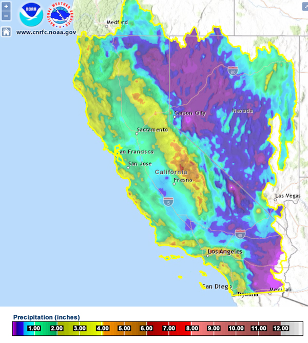 Much of California and Nevada received precipitation from November 7 - 9, 2022, with totals greater than 2 inches along the Sierra Nevada and parts of coastal California.