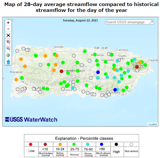 Except for the northwest coast, rivers and stream flows are mostly near-normal across Puerto Rico.