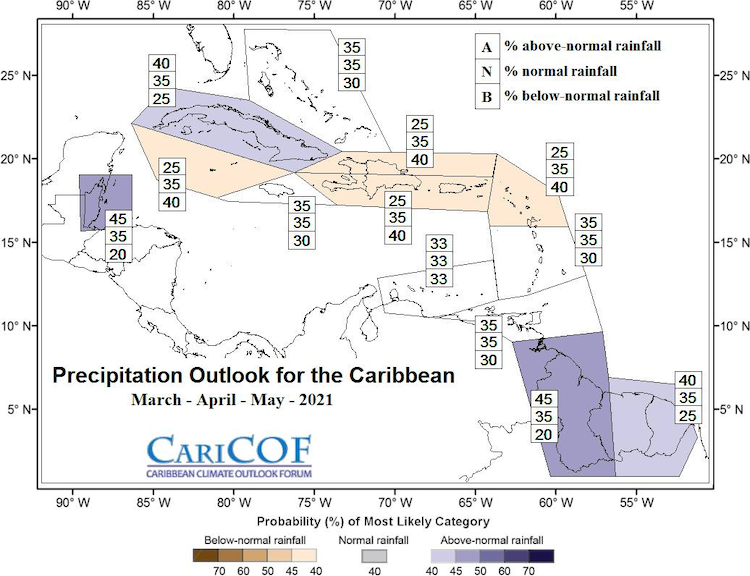March to May 2021 precipitation outlook for the Caribbean, from the Caribbean Climate Outlook Forum. Shows higher chances of below-normal precipitation through May.