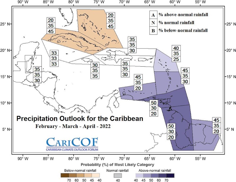  Latest extended precipitation outlook for the Caribbean, valid for February to April 2022. 