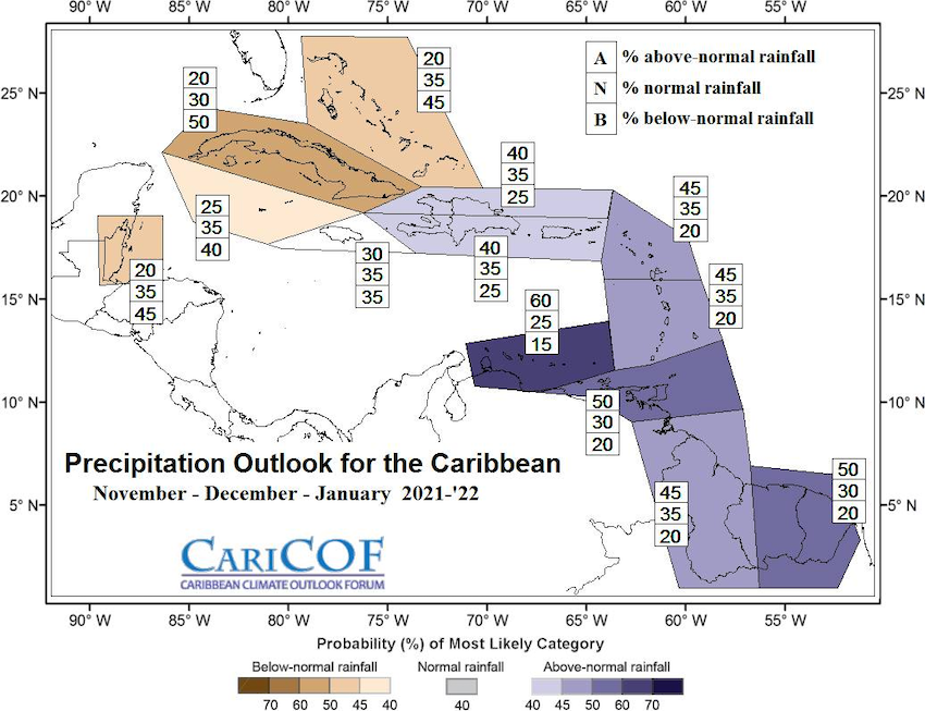 Extended precipitation forecast issued by the Caribbean Climate Outlook Forum, for November 2021–January 2022. There is a higher chance to observe near to above normal rainfall through at least January 2022.