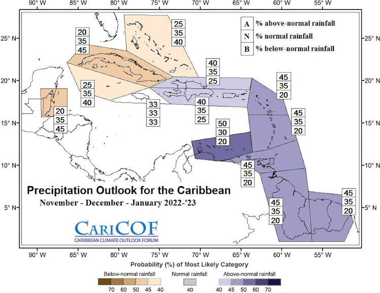 The Caribbean Climate Outlook Forum's extended forecast indicates increased chances for a slightly wetter than normal November to January for the Caribbean.