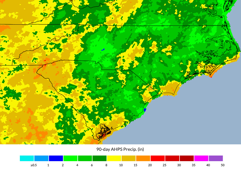 90-day observed rainfall (inches) across North and South Carolina, through December 12, 2021.