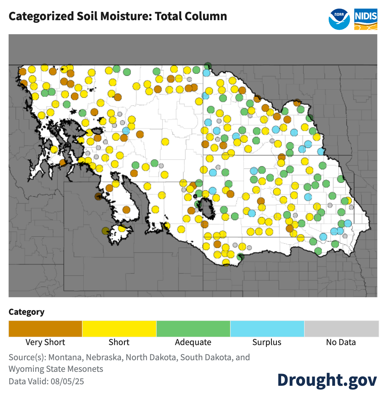 Map showing categorized soil moisture for stations across the UMRB, overlaid on top of the latest U.S. Drought Monitor.