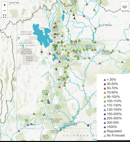 Map of Utah showing the water supply forecast for the Latest Model Guidance Percent Average. All river forecast sites show less than 110% of average. Most show less than 100% of average for February.