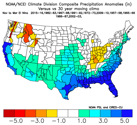 The southern region of the U.S. shows increased precipitation during El Nino events for March–November.