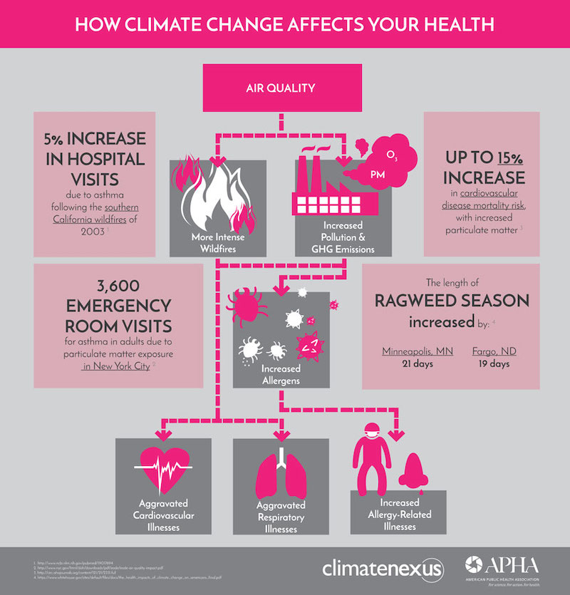 Infographic showing how climate change affects your health, focusing on air quality. Poor air quality is associated with more intense wildfires, increased pollution and greenhouse gas emissions, increased allergens, and more, which can lead to aggravated cardiovascular, respiratory, and allergy-related illnesses.
