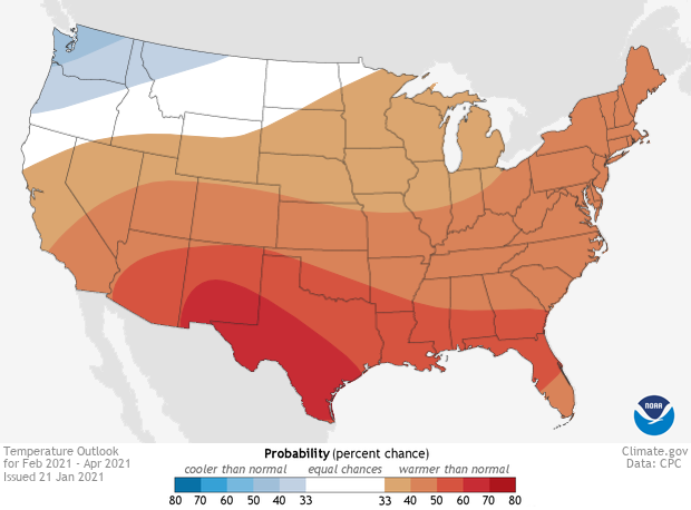 February to April 2021 temperature outlook for the U.S., from Climate.gov with data from NOAA's Climate Prediction Center. Show a greater probability of above-normal temperatures across the Southeast.