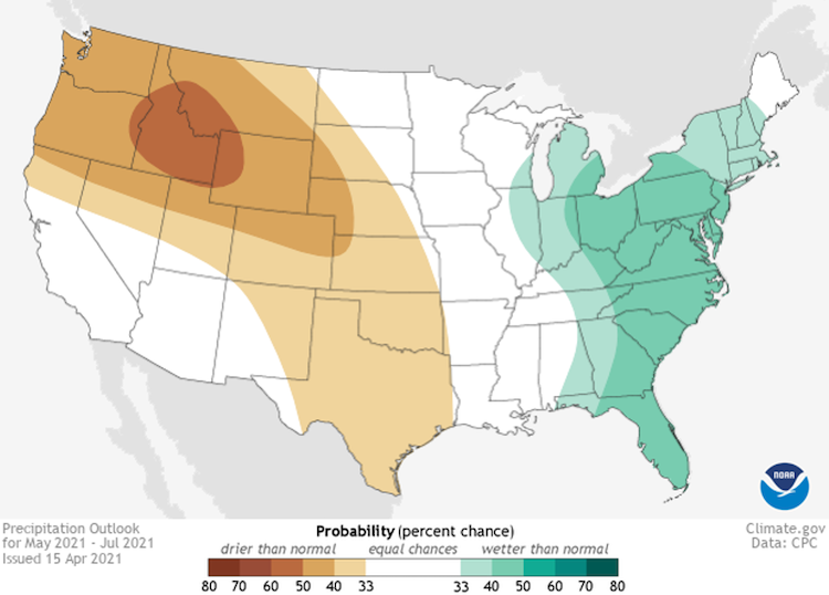 Climate Prediction Center seasonal precipitation outlook for May-July 2021. Odds favor above-normal precipitation across most of the Southeast, with equal chances of above-, near-, or below-normal precipitation in western Alabama.