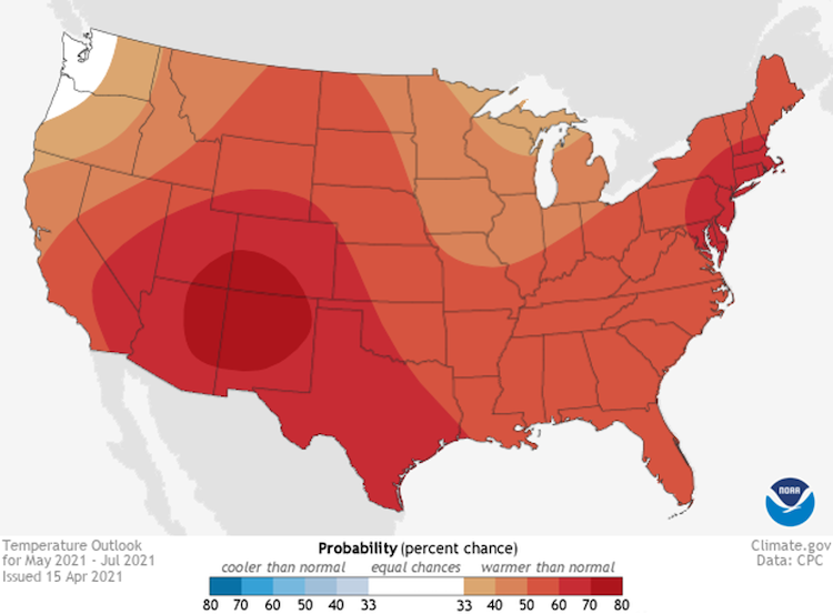 Climate Prediction Center seasonal temperature outlook for May-July 2021, from Climate.gov. Odds favor above-normal temperatures across the Southeast.