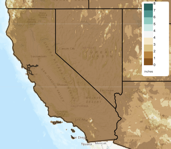 Almost all of Nevada and California received less than 1 inch of precipitation in October 2022.