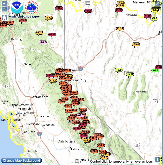 Change in snow depth (inches) for the states of California and Nevada from December 12-16, 2021.  Snow depth is shown from <-100 (purple) to >100 (red).