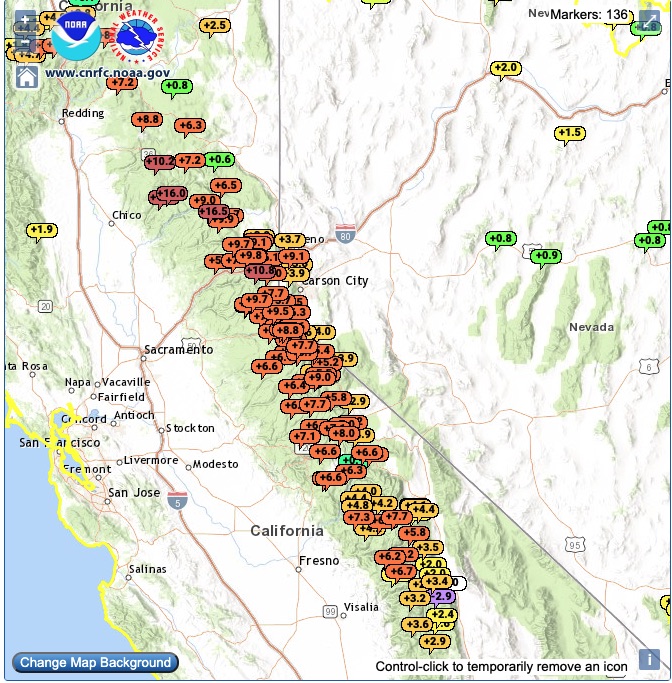 Change in snow water equivalent (inches) for the states of California and Nevada from December 12-16, 2021