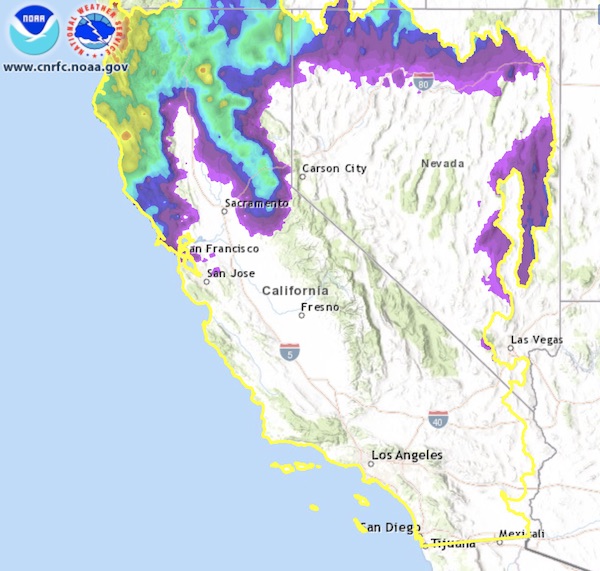 Map of precipitation totals for California and Nevada from 9/18/2021-9/20/2021. Precipitation is shown from <0.5 inches (purple/blue) to >2. (orange). Northern CA-NV shows precipitation less than 2 inches, coastal northern CA received the most rainfall at approximately 2 inches. 