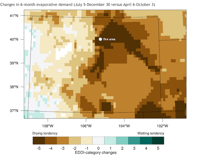 Map of Colorado showing the change in Evaporative Demand Drought Index (EDDI) for 2 overlapping 6-month periods: July 5–December 30 vs. April 6–October 3, 2021.