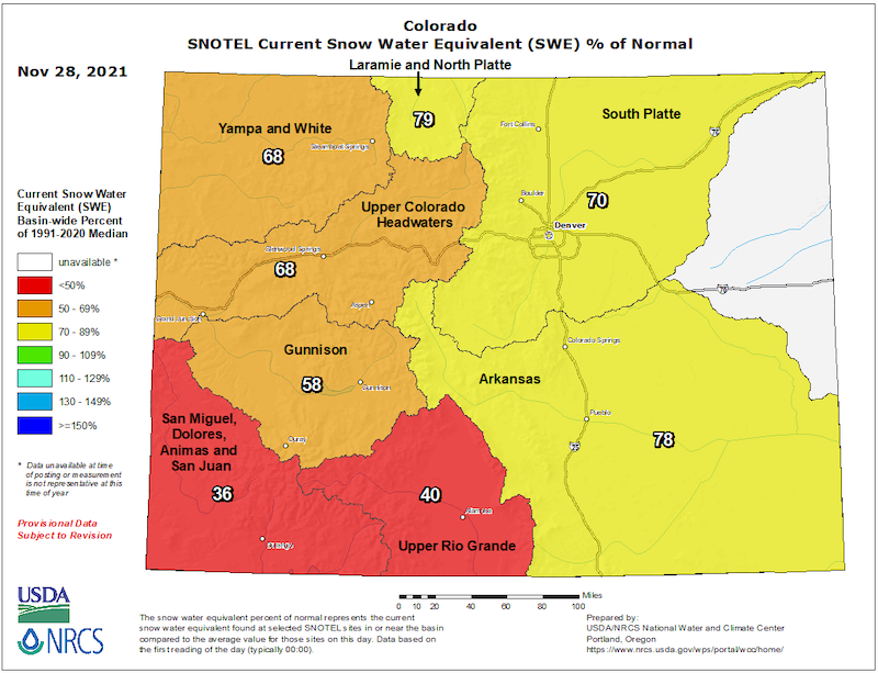 SNOTEL snow water equivalent percent of normal for Colorado basins, relative to the 1991–2020 median.