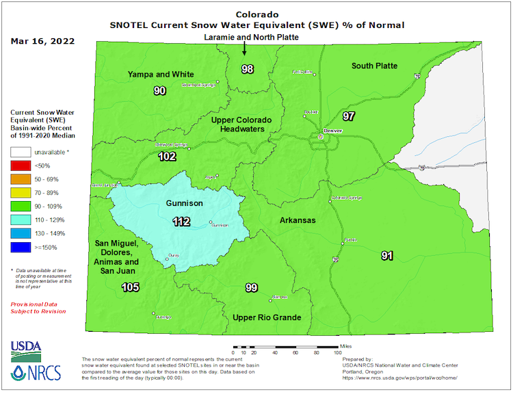 Major Colorado River Basins are between 90-112% of normal snow water equivalent as of March 16, 2022.