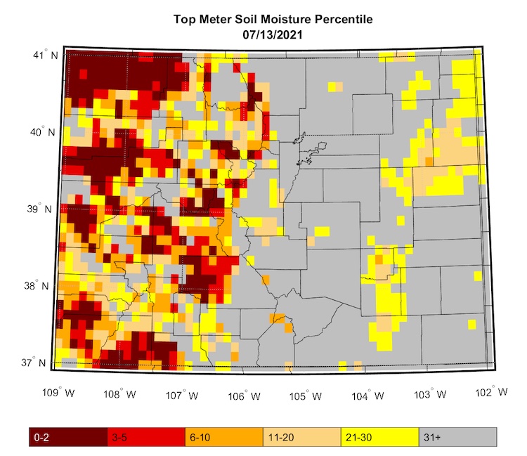 Top meter soil moisture percentile for Colorado, as of July 13, 2021. Soil moisture conditions are much drier in the western half of the state than the eastern half.