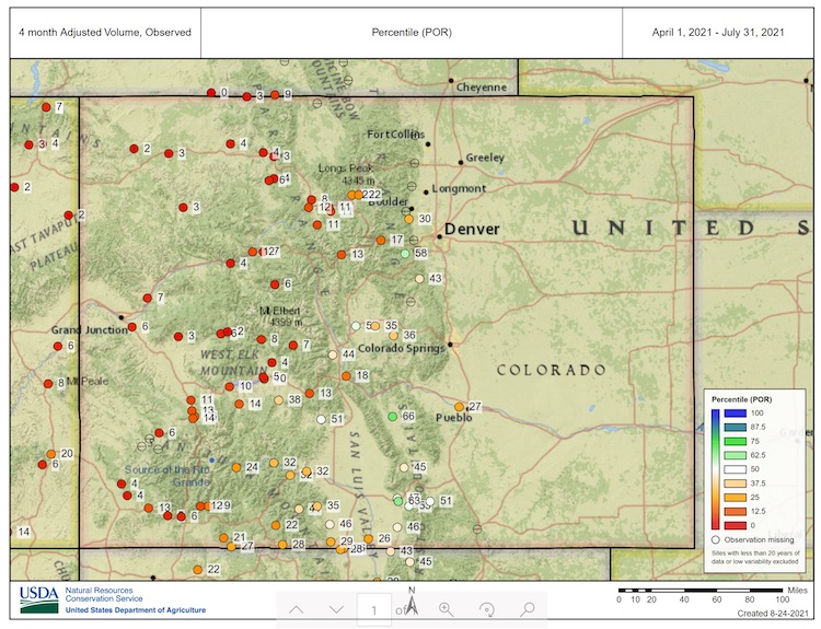 Colorado observed streamflow percentiles over 4 months from April 1 to July 31, 2021.