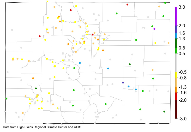 This map of Colorado shows which rainfall stations are experiencing a high or low Standardised Precipitation Index (SPI) for the 90 day to 20 February 2021. This shows low to very low SPI values across western Colorado