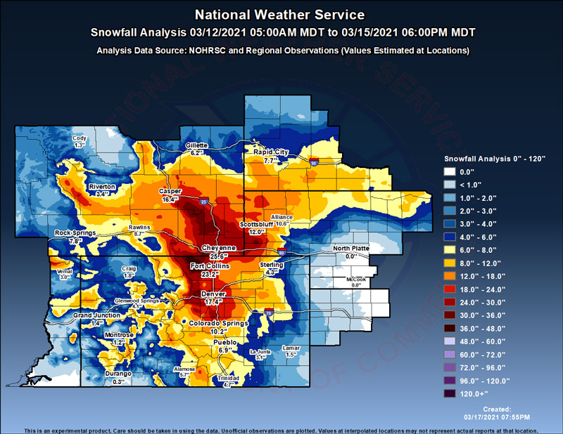 Map of Colorado and surrounding states showing snowfall analysis (in inches) from March 12 to 15, 2021. The Colorado Urban Corridor saw 18-24 inches of snow.
