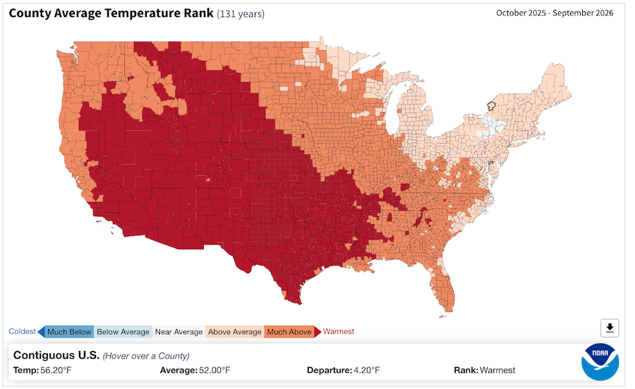 This map shows that all counties in Arizona, Colorado, New Mexico, Utah, and most of Wyoming experienced their warmest water year on record over the past 132 years, represented by widespread dark red shading.