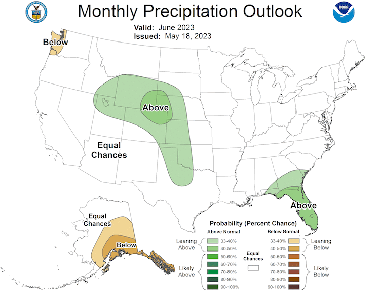 The outlook for June shows the chance for continued above-normal precipitation in the western portions of the north central U.S., with equal chances in the rest of the region.