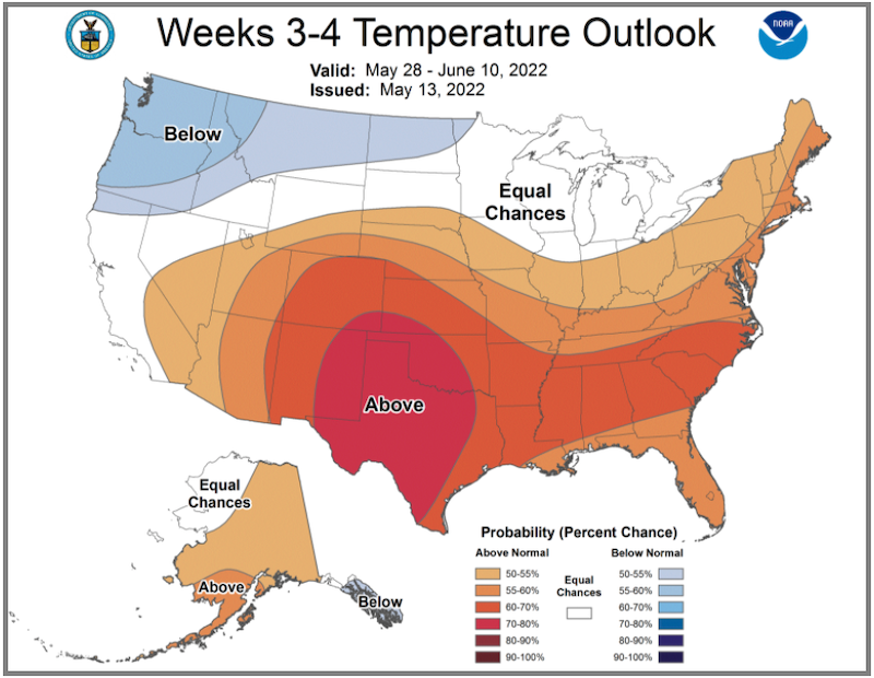 From May 28 to June 10, 2022, most of the Northeast region has a higher chance of above-normal temperatures, except for far-western New York.