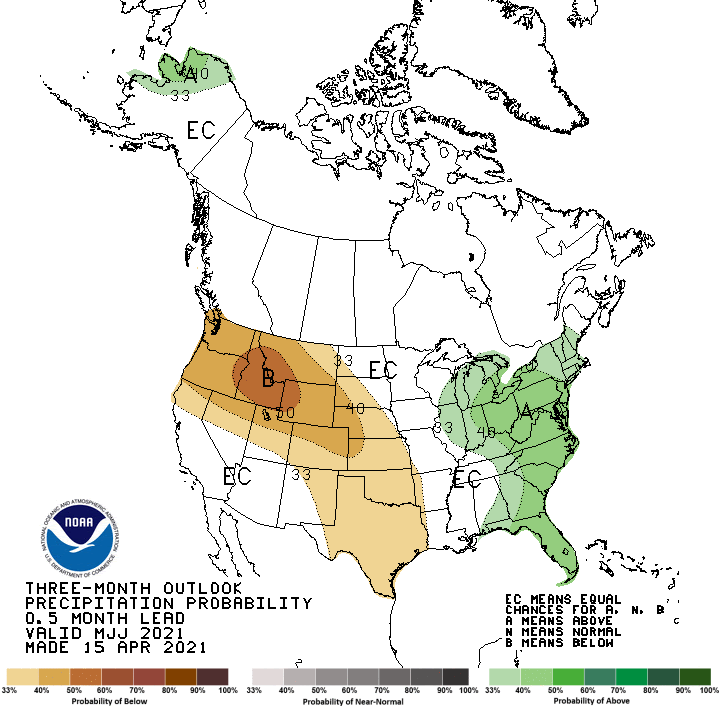 Climate Prediction Center 3-month precipitation outlook, showing the probability of exceeding the median precipitation May through July 2021. Odds favor below-normal precipitation for most of the Northwest and Southern Plains, while odds favor above-normal precipitation for the eastern U.S. 