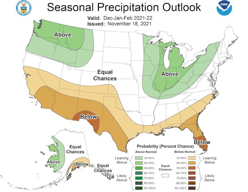 Climate Prediction Center 3-month precipitation outlook, showing the probability of exceeding the median precipitation for the months of December 2021 through February 2022. Odds favor below-normal precipitation for the southwestern U.S.