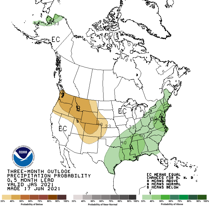 Climate Prediction Center 3-month precipitation outlook, valid for July to September 2021. Odds slightly favor below-normal precipitation across the northern borders of California and Nevada, with equal chances of above, below, and near-normal conditions in the rest of the region.
