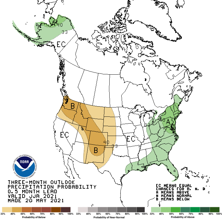 Climate Prediction Center 3-month precipitation outlook, showing the percent chance of above-, below-, or near-normal conditions for June to August 2021.  Odds favor equal chances or above- or below-normal precipitation for most of California and Nevada.