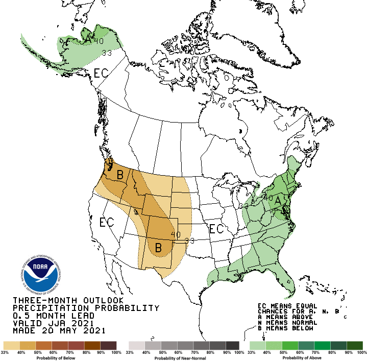 Climate Prediction Center 3-month precipitation outlook, showing the percent chance of above-, below-, or near-normal conditions for June to August 2021. Odds favor equal chances or above- or below-normal precipitation for most of California and Nevada.