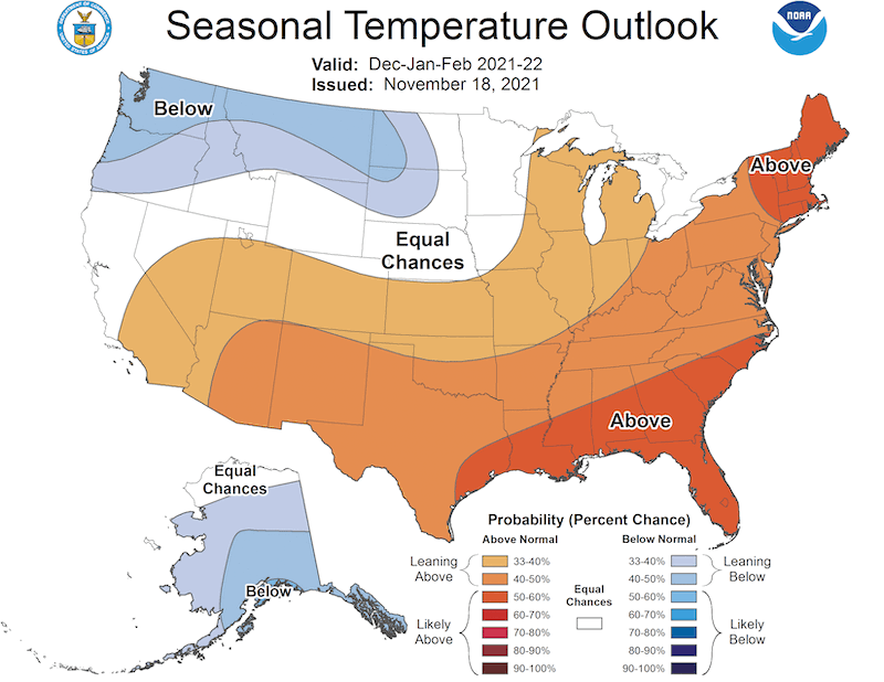 Climate Prediction Center 3-month temperature outlook, showing the probability of exceeding the median temperature for the months of December 2021 to February 2022. Odds favor above-normal temperatures for most of the Intermountain West region.