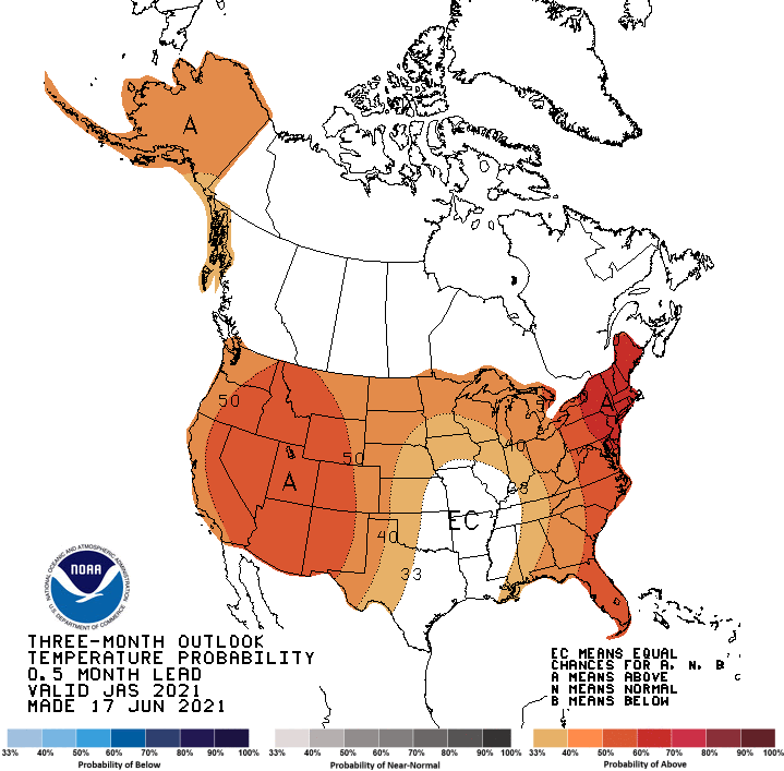 Climate Prediction Center 3-month temperature outlook, valid for July to September 2021. Odds favor above-normal temperatures across California and Nevada during this period.