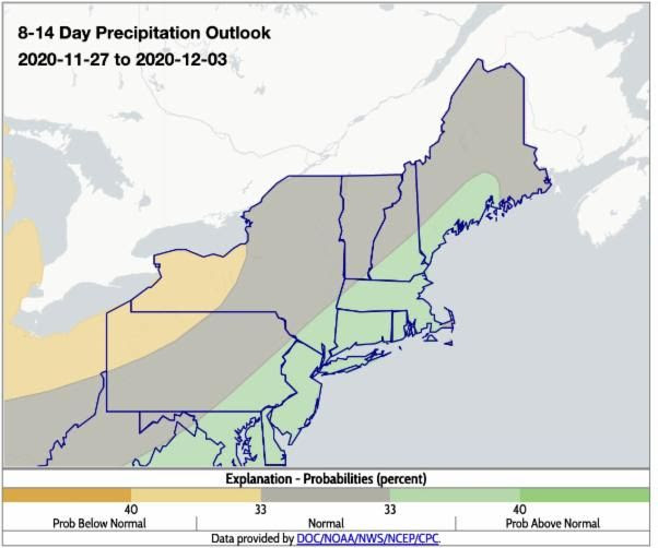 NOAA Climate Prediction Center 8-14 day precipitation outlook for the Northeast U.S. Below normal precipitation is projected for Western New York, with above normal precipitation predicted for parts of Maine, New Hampshire, Massachusetts, Rhode Island, Connecticut, and Southern New York.