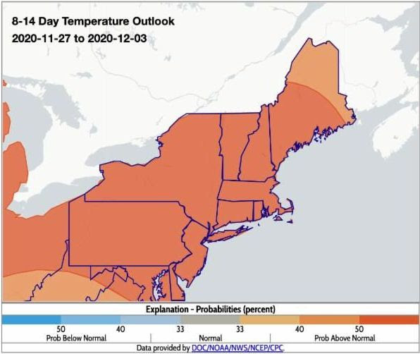 NOAA Climate Prediction Center 8-14 day temperature outlook for the Northeast U.S. Above normal temperatures are projected across the region.