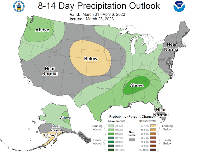 From March 31 to April 6, odds favor below-normal precipitation for Nebraska, Kansas, northern and eastern Colorado, eastern Wyoming, and southern South Dakota.