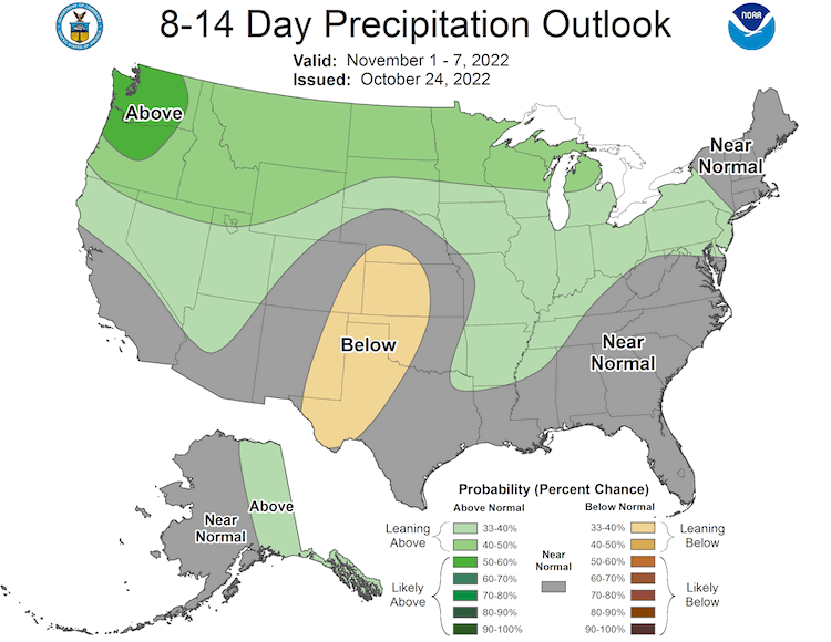 Through November 7, odds favor above-normal precipitation across much of the Midwest and into the Missouri River Basin. 