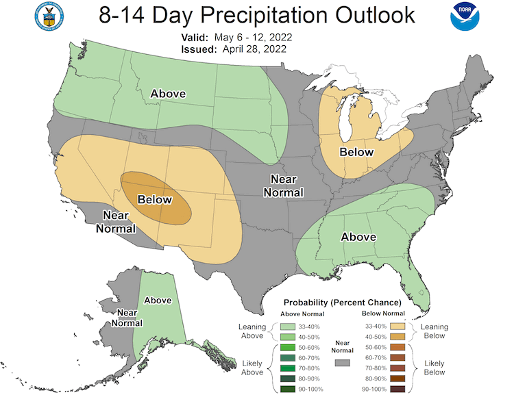 The 8-14 day precipitation outlook for May 6–12, 2022 favors below-normal precipitation across the Great Lakes region, with above-normal or near-normal conditions elsewhere.